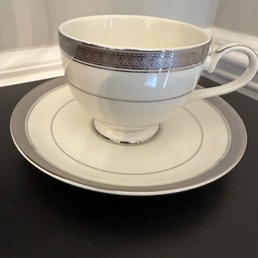 Mikasa Elegant White and Silver Teacup and Saucer Set